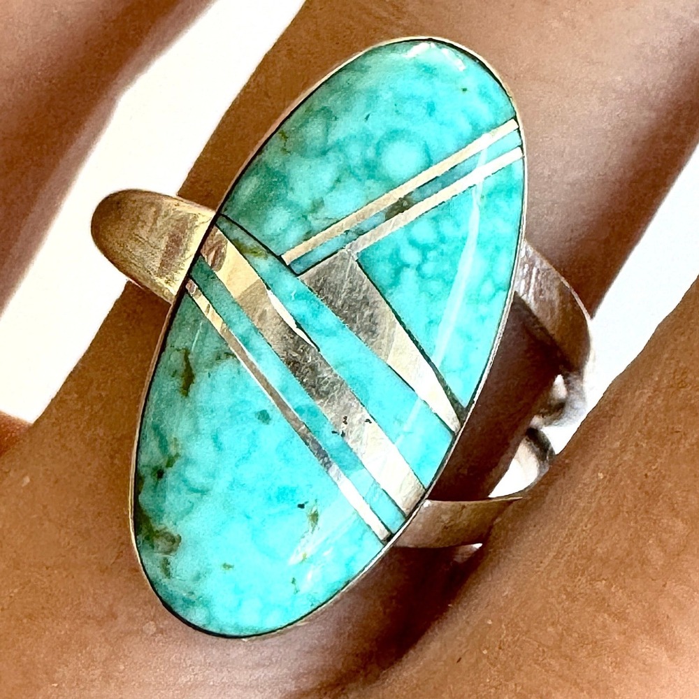 Navajo Ring Sz 7 Turquoise Inlay Signed Orville White Sterling Native Amer Adj